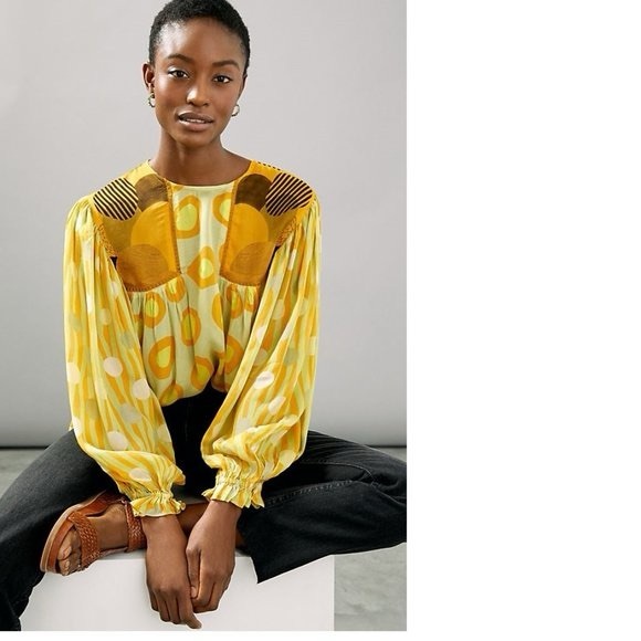 Anthropologie Yellow and Gold Patterned Blouse - Picture 2 of 9